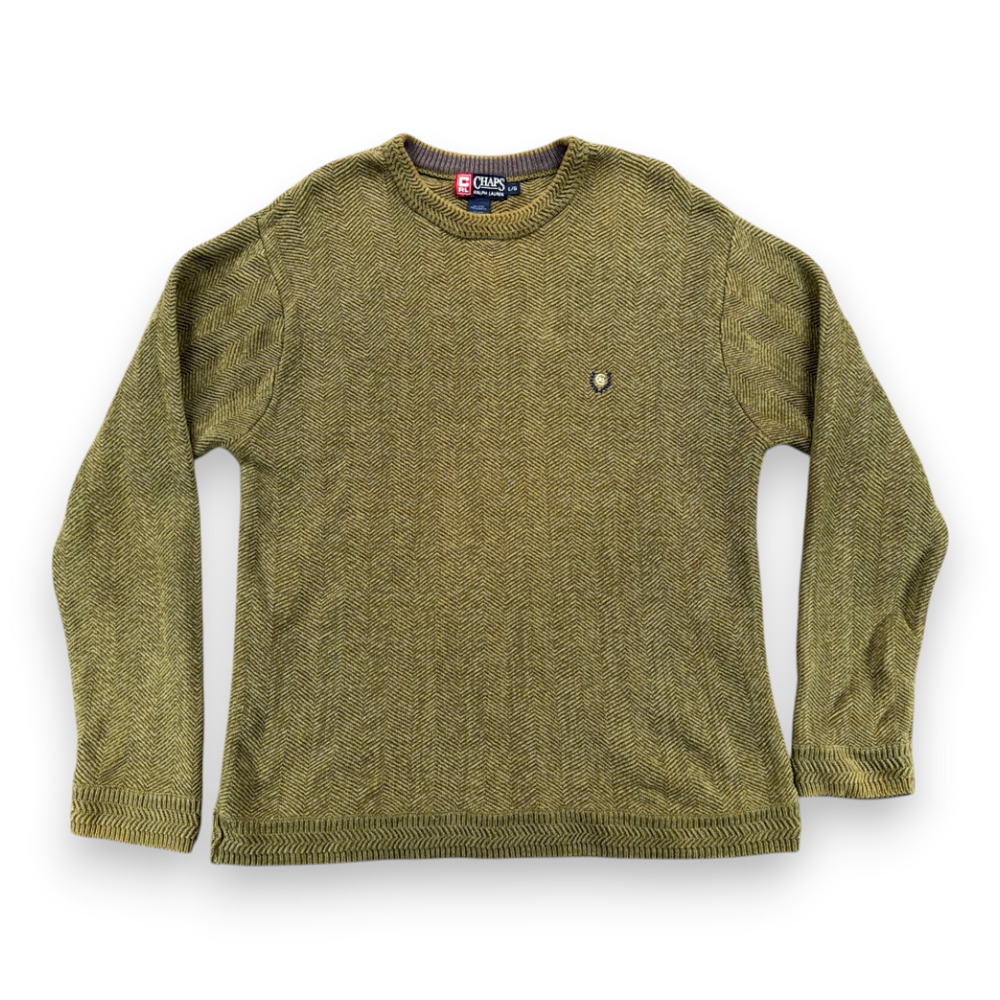 Vintage Chaps Ralph Lauren Sweater Adult LARGE Green Cotton Herringbone Knit Y2K